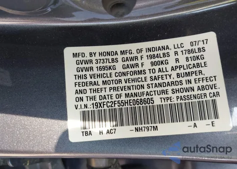 2017 Honda Civic Lx z USA, uszkodzony, nr VIN 19XFC2F55HE068605